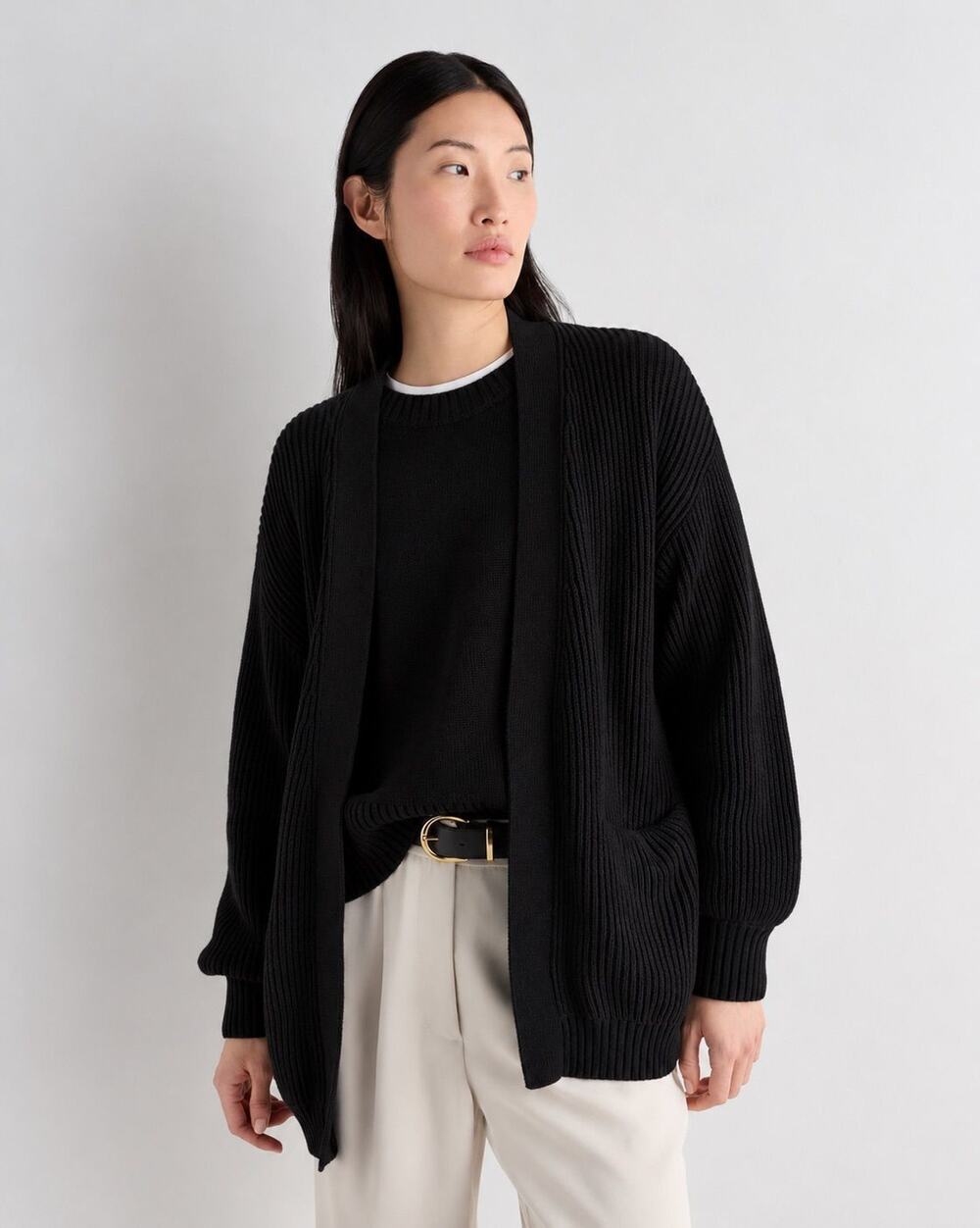 NWT Quince 100% Cotton Oversized Open Front Boyfriend Cardigan Black Size S